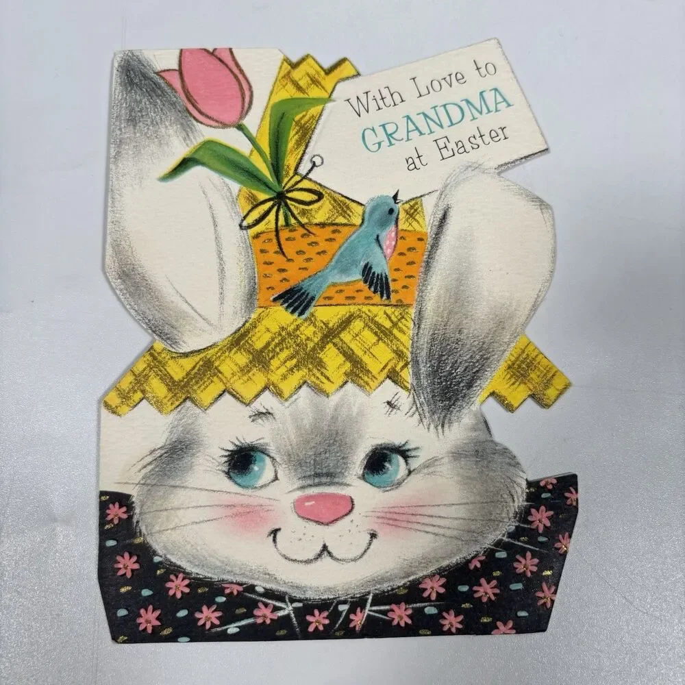 Vintage Hallmark Die Cut Easter Bunny Rabbit Grandma Greeting Card Embossed Art